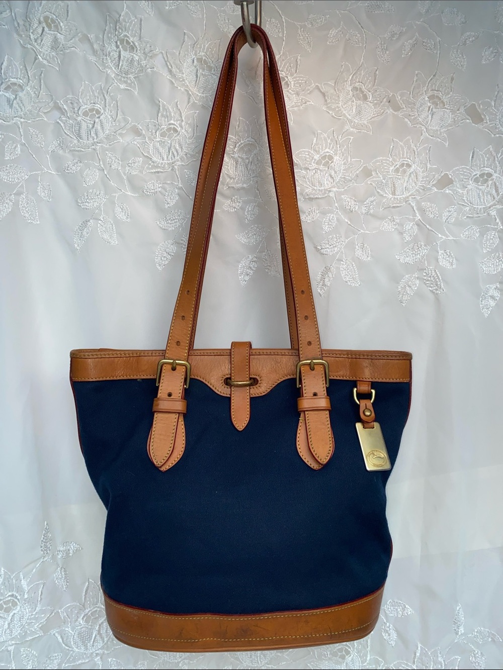 Vintage Dooney & Bourke Cabriolet Navy and Tan Leather-Trim Canvas Tote Bag
